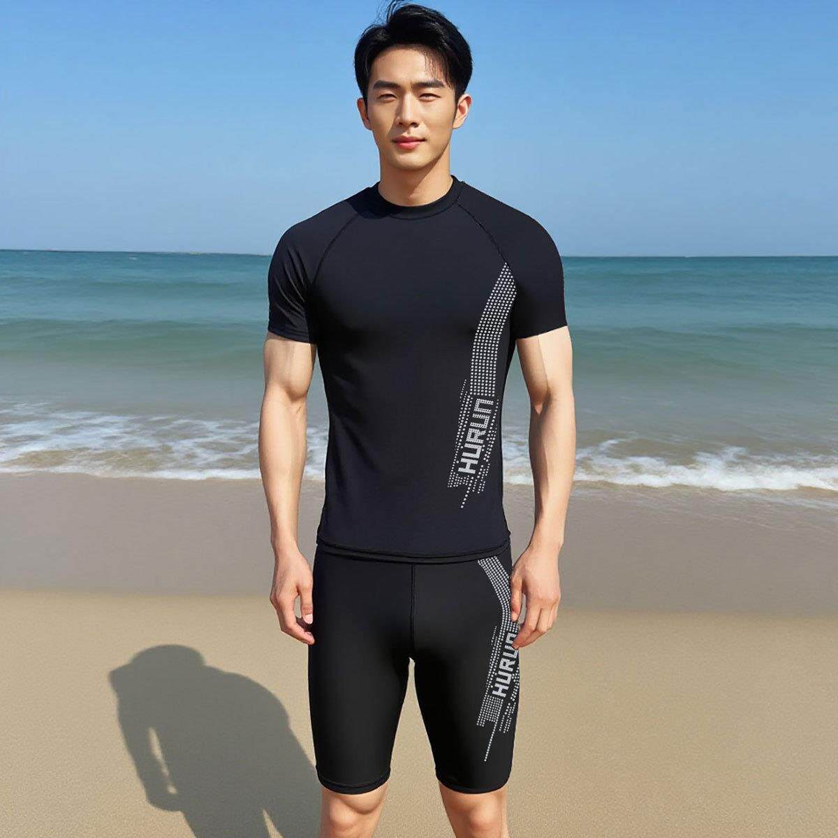 泳衣男士套装成人游泳短袖印花泳装男款分体新款长泳裤青少年大码