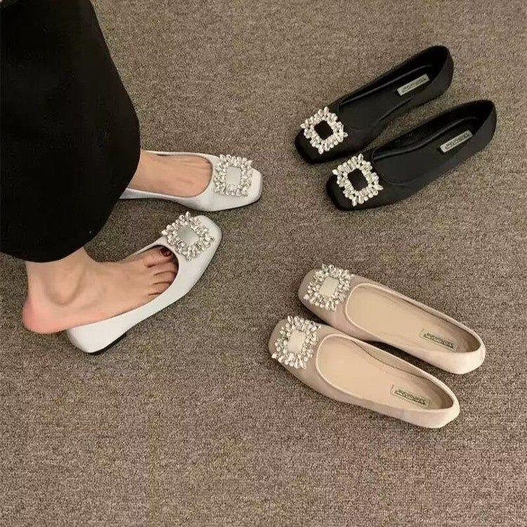 方扣瓢鞋女通勤百搭单鞋法式水钻浅口平底鞋2025年新款春秋一脚蹬