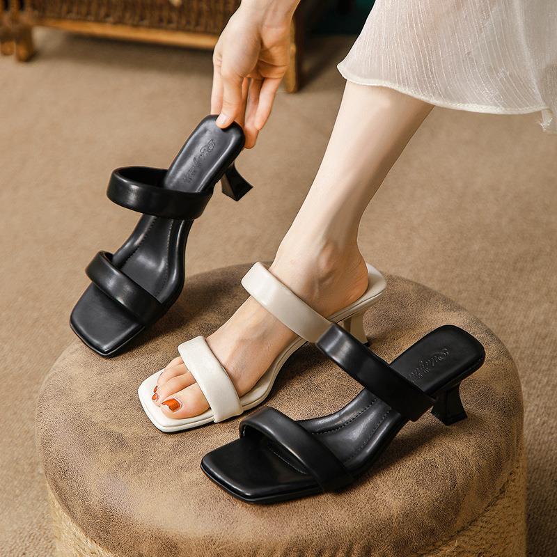 高跟拖鞋夏季女外穿时尚2025年新款细跟方头气质一字带网红凉拖鞋