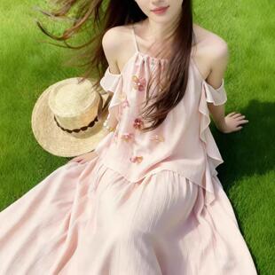 跨境无袖吊带连衣裙女海边度假氛围感立体花朵别致宽松显瘦裙子