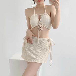 泳衣女分体三件套比基尼性感绑带纯欲风套装温泉泳装露背度假泳衣