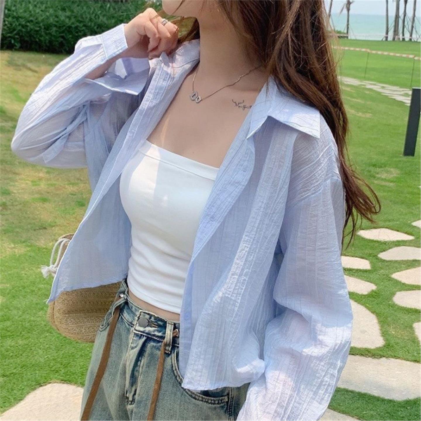 宽松小个子防晒衬衫短款夏季女百搭外套白色长袖感设计上衣薄开衫