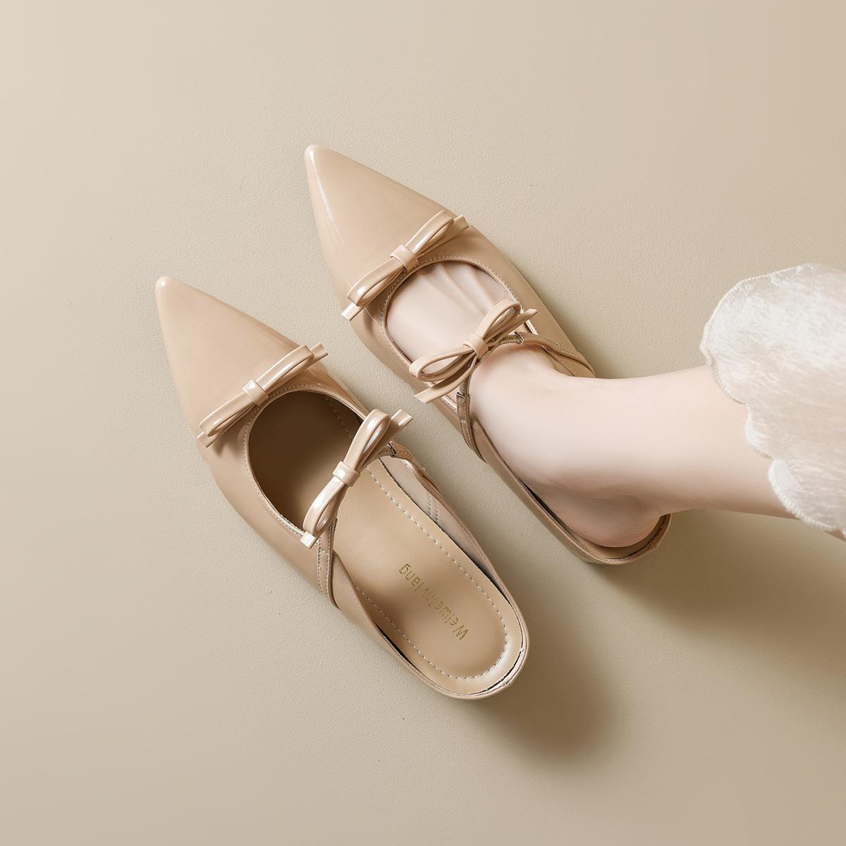 8916-5尖头单鞋女内蝴蝶结裸色包头半拖鞋女夏外穿