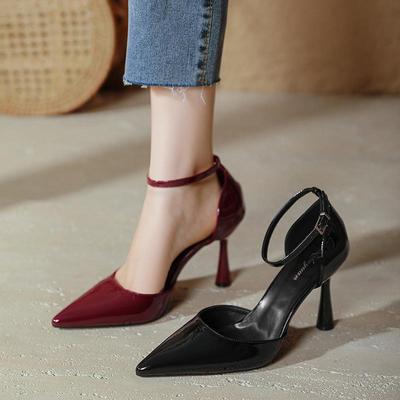 红色高跟鞋细跟性感2025新款夏季尖头一字带中空单鞋高跟包头凉鞋