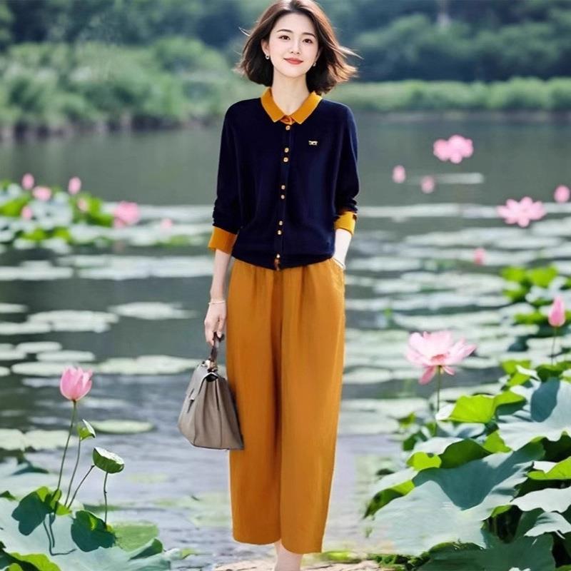 2025秋新款中老年简约艺术气质安迪绒撞色翻领上衣松紧九分裤套装