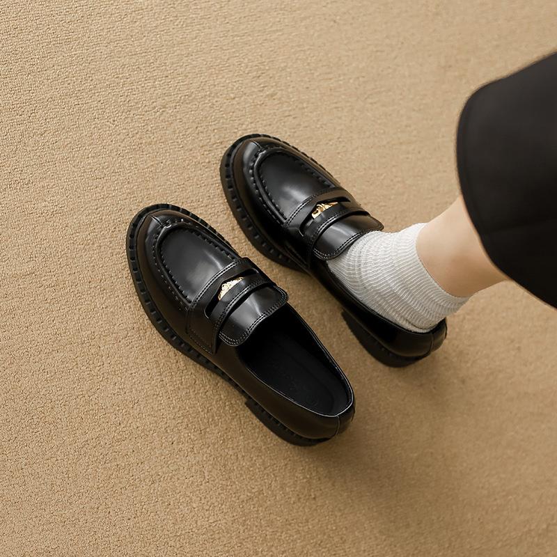 真皮乐福鞋女2025新款金币单鞋英伦风厚底一脚蹬软底不累脚小皮鞋