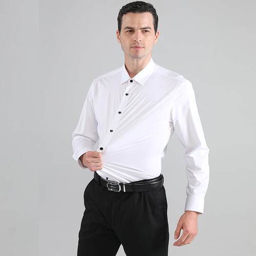 跨境外贸爆款衬衣尖领商务休闲白色男装弹力免烫欧码男士衬衫长袖