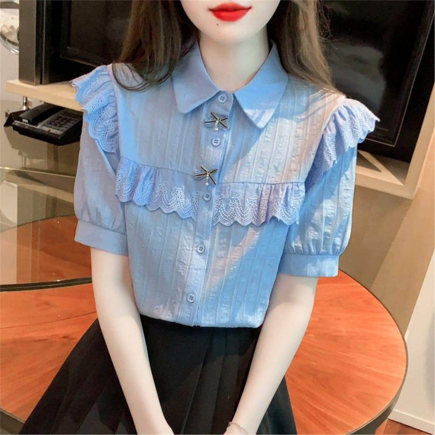 夏装2025新款女士衬衣纯棉衬衫女洋气全棉设计感小众短袖蕾丝上衣