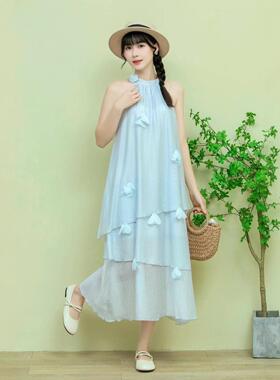 夏季无袖连衣裙女清新甜美立体花朵蛋糕裙白色 绿色挂脖飘逸仙女