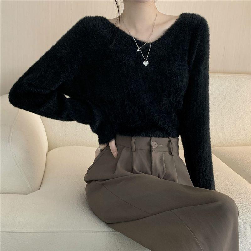 冬季新款软糯针织毛衣女保暖打底衫V领水貂绒上衣内搭显瘦韩版