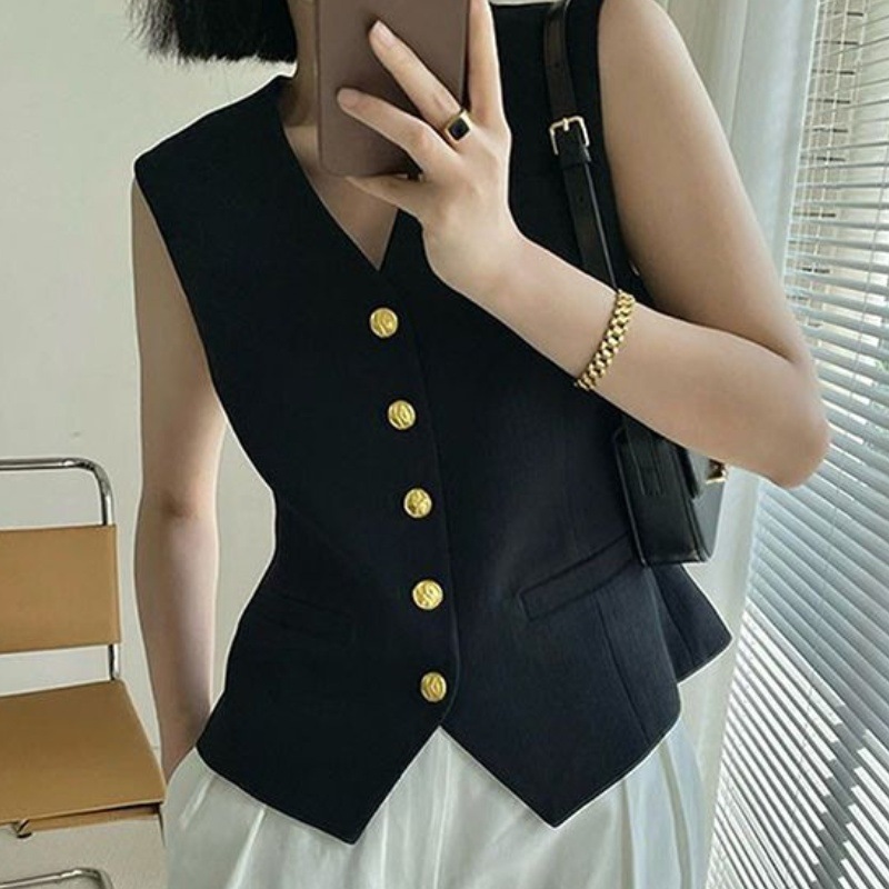 复古高级感黑色v领西装马甲夏女气质收腰显瘦短款小香风背心外套