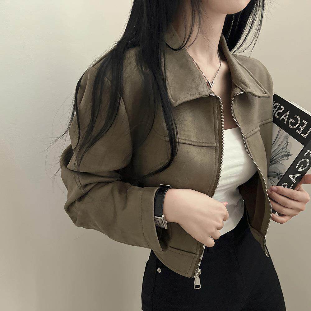 韩国chic秋季复古帅气正肩夹克外套女翻领拉链式长袖皮绒短款外套