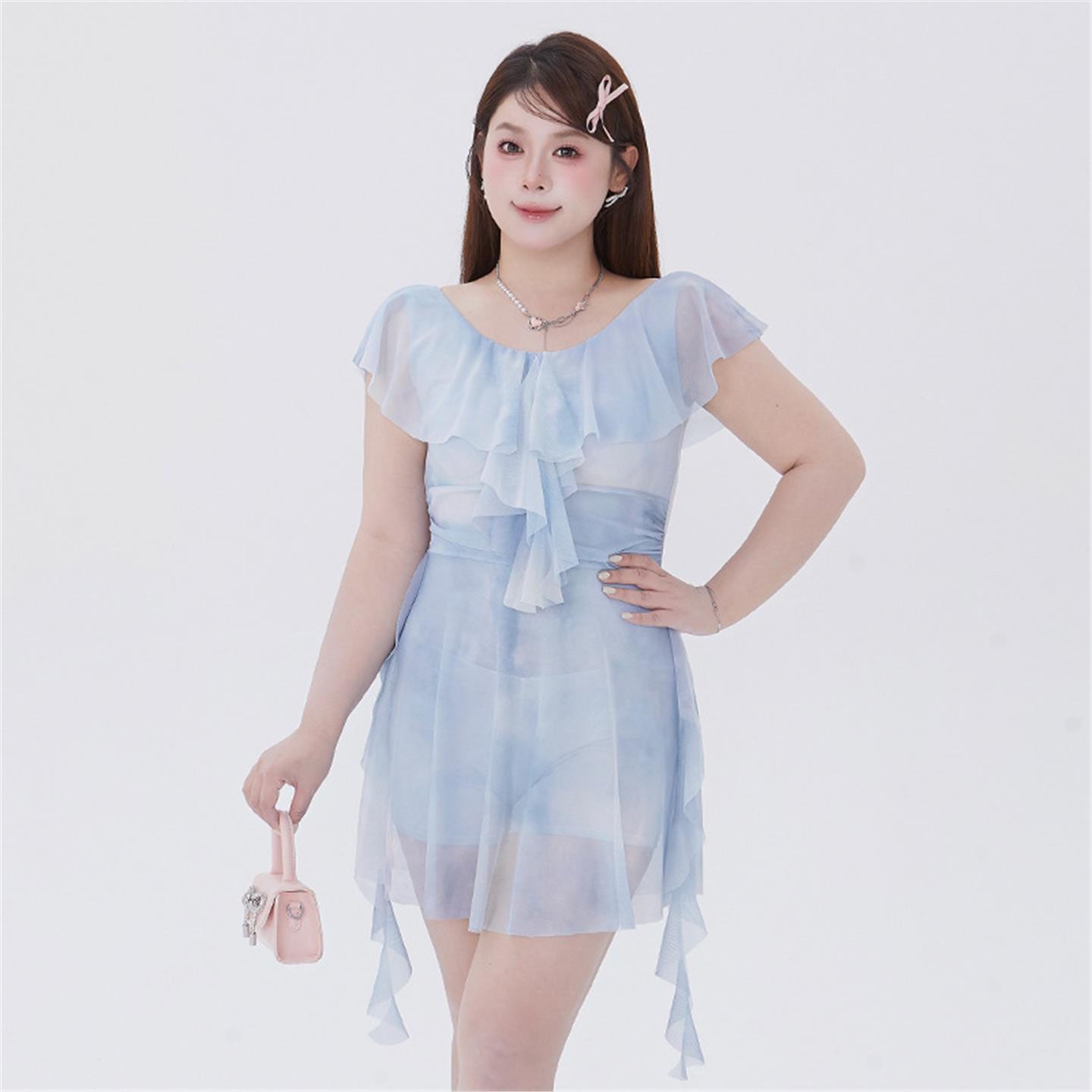 大码泳衣女款连体不规则荷叶边连衣裙甜美微胖女孩保守温柔风泳衣