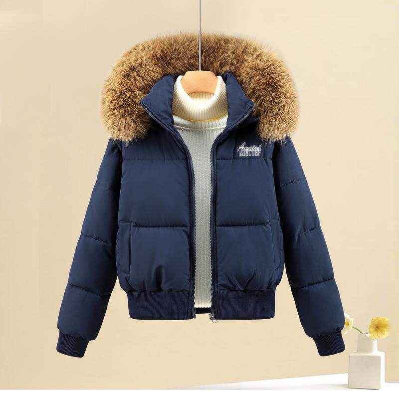 黑色大毛领连帽羽绒棉服女短款2025年冬季韩版收腰棉衣小个子外套