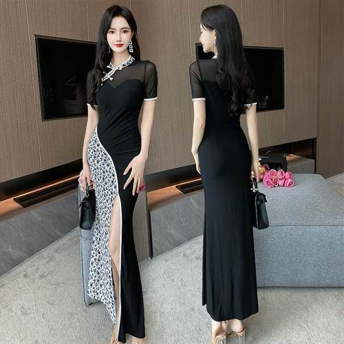 夜场改良旗袍长款连衣裙夜店性感女装足浴足疗桑拿技师工作服长裙