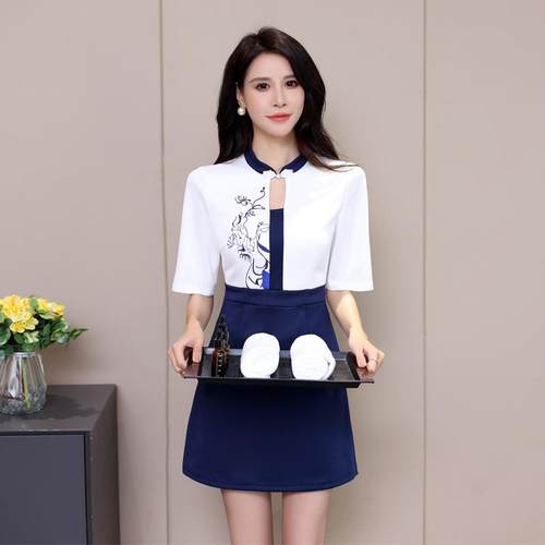 22979春夏新款足浴技师工作服足疗店养生馆会所SPA连衣裙中袖女