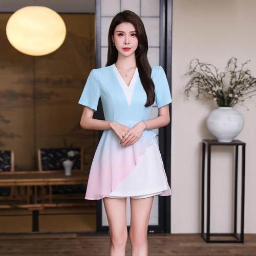 A9020-1夏季新款spa采耳推拿时尚显瘦套装足浴按摩会所技师连衣裙
