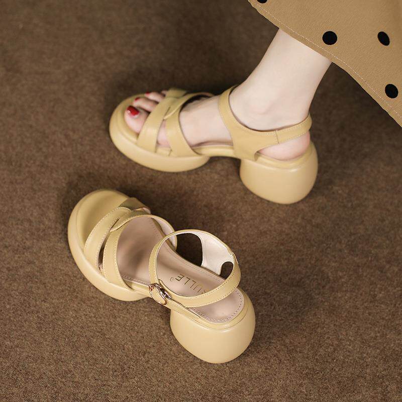 厚底粗跟凉鞋2025夏季新款露趾一字带网红百搭女凉鞋V小个子显高