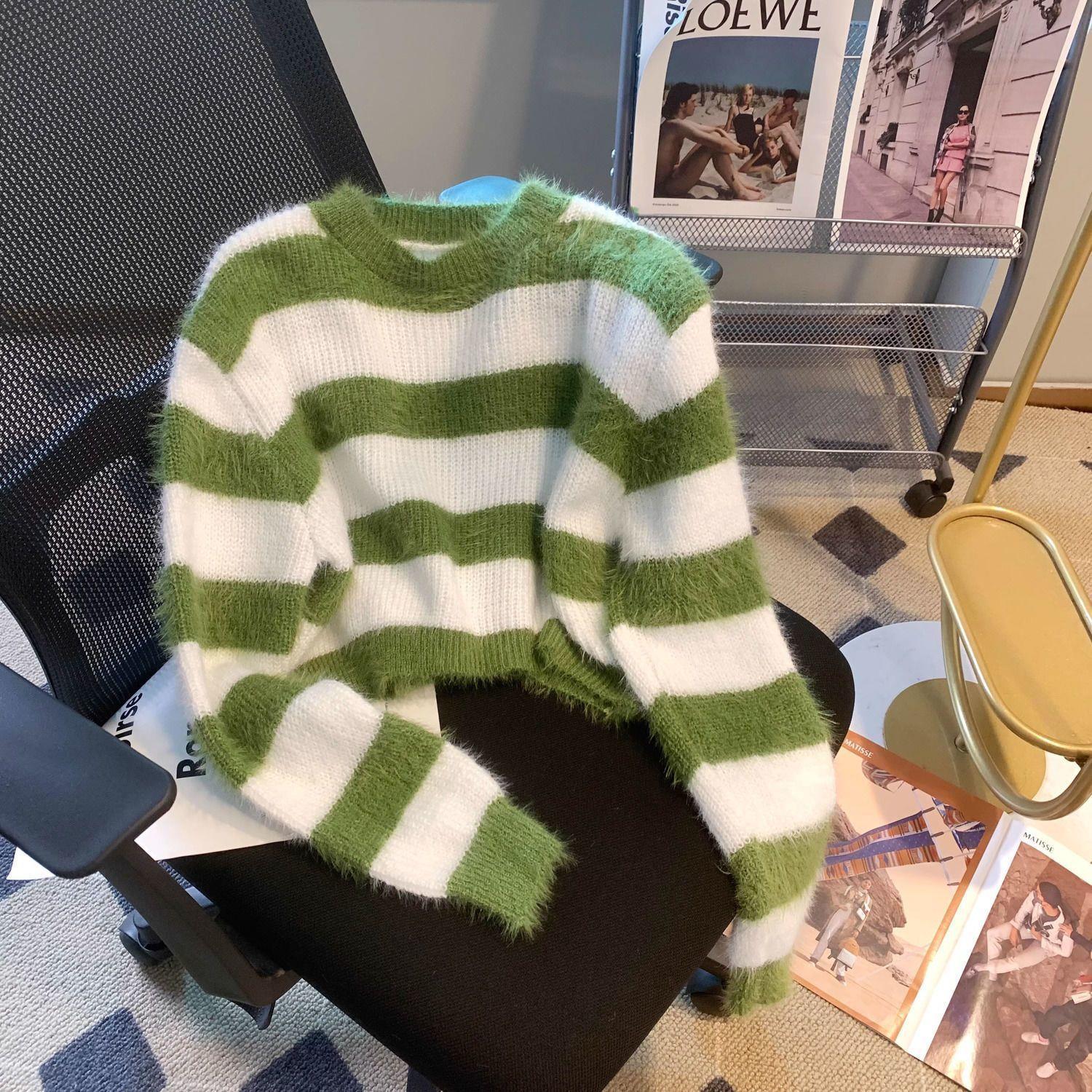 短款黑白条纹水貂绒毛衣女秋冬宽松长袖慵懒软糯针织衫小个子上衣