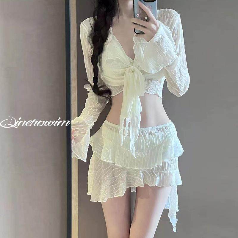 比基尼泳衣女款分体四件套长袖防晒纯色甜美温泉性感泳衣专业