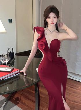 16206港风斜肩荷叶边不规则腰上网纱拼接开叉连衣裙宴会礼服晚装