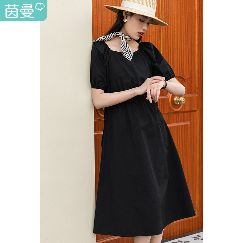 茵曼连衣裙子女2022年夏季新款法式复古艺术感可盐可甜炸街泡泡袖