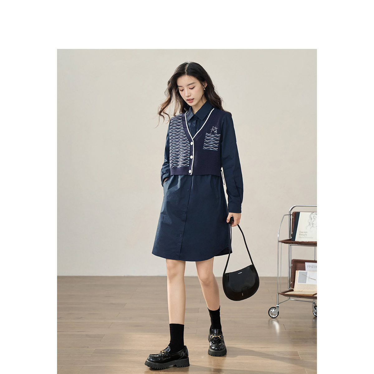 【商场同款】茵曼拼接条纹连衣裙2023秋季女装新款宽松长袖裙子