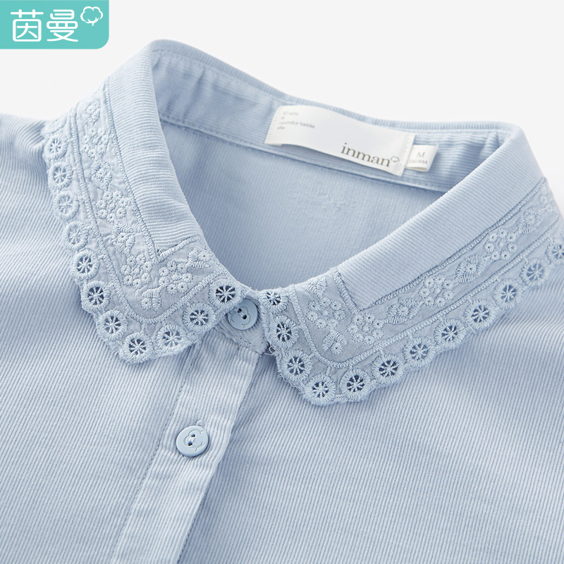 茵曼设计感小众衬衫女春季2022春款上衣新款蓝色小香风长袖衬衣潮