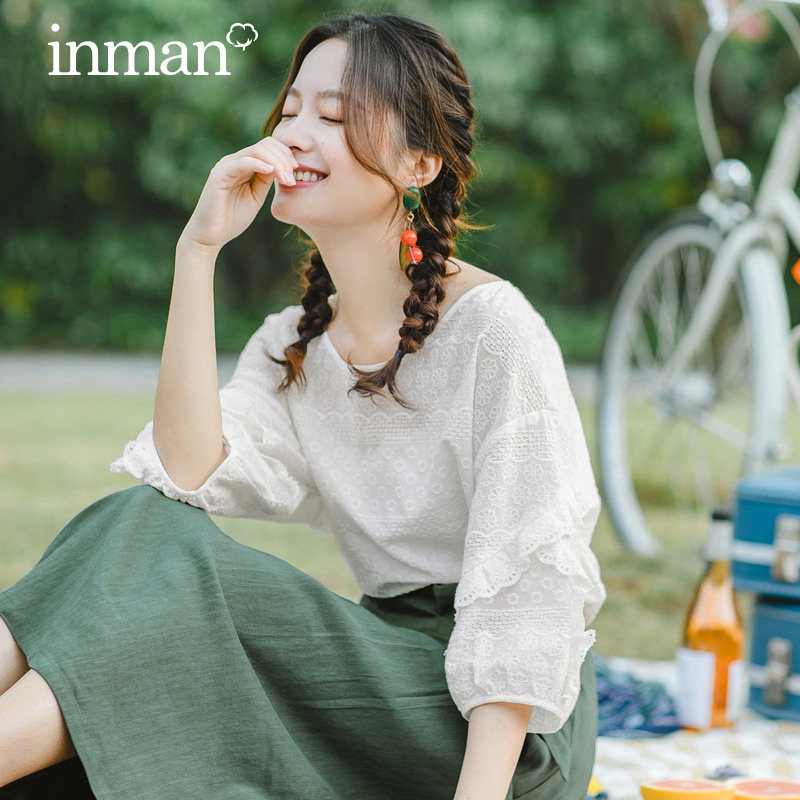 茵曼白色短袖衬衫女夏季薄款2022新款设计感小众上衣蕾丝半袖衬衣