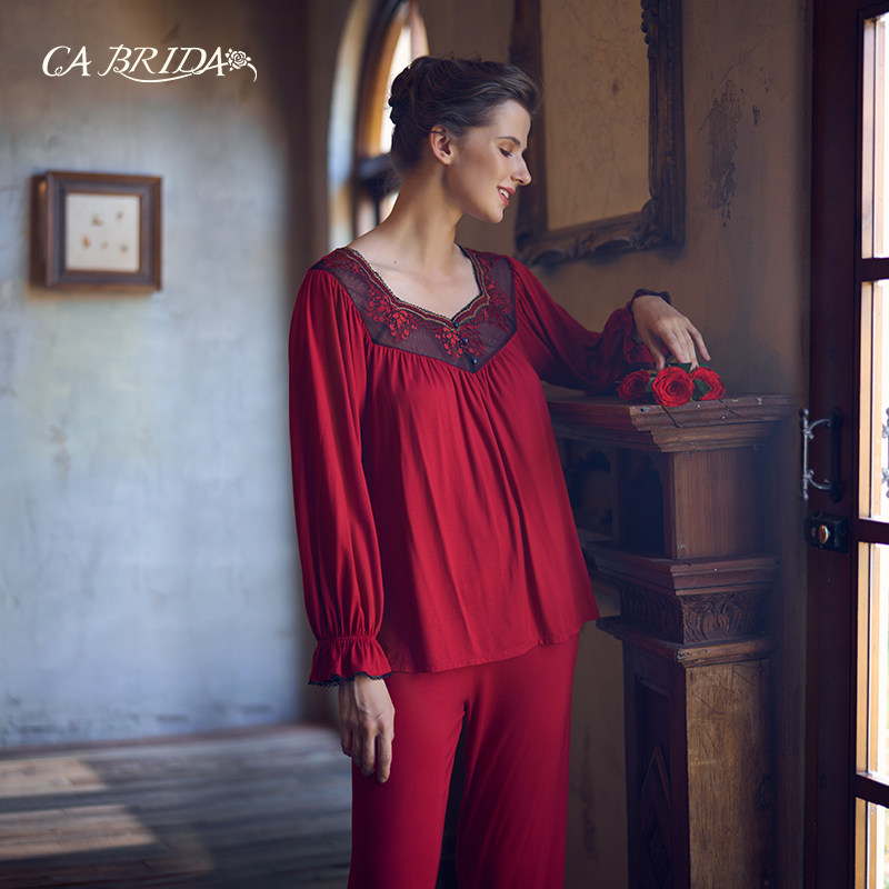 CA BRIDA【鸿运】新品法式复古刺绣花边红莫代尔家居睡衣套N1201,女士内衣/男士内衣/家居服,睡衣/家居服套装,淘宝优惠券,粉丝福利购,淘宝优惠卷