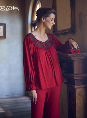 CA BRIDA【鸿运】新品法式复古刺绣花边红莫代尔家居睡衣套N1201