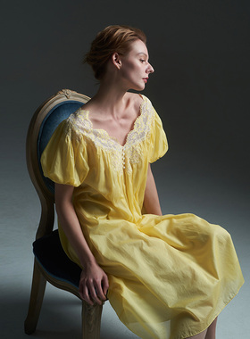 CA BRIDA【黄色玫瑰】爆款法式经典V领双色蕾丝棉连衣裙睡裙M307