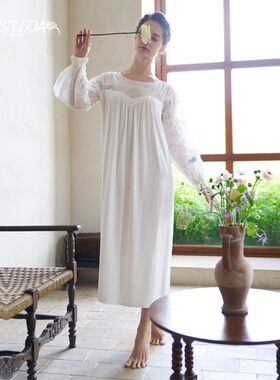 CA BRIDA【可可女孩】秋季新品法式莫代尔拼镂空蕾丝长袖睡裙O705