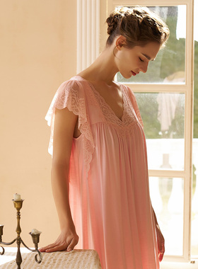 CA BRIDA【玫瑰轻舞】春夏新品法式古典蕾丝袖莫代尔短袖睡裙O310