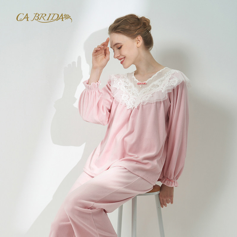 ca brida嘉德丽亚秋冬爆款女亲肤棉绒蕾丝家居睡衣套装mw4e814ab1