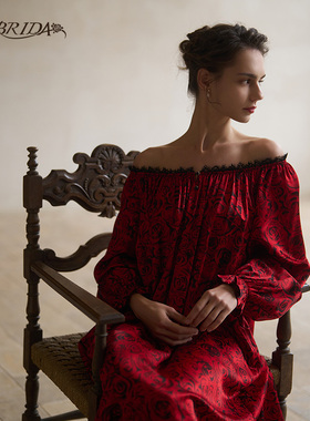 CA BRIDA【法兰西玫瑰】【黑标】新品法式红玫瑰印花长袖睡裙O804