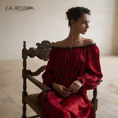 CA BRIDA【法兰西玫瑰】【黑标】新品法式红玫瑰印花长袖睡裙O804