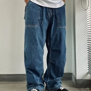男士 新款 潮牌宽松大码 美式 老爹裤 牛仔裤 阔腿裤 复古水洗多口袋工装