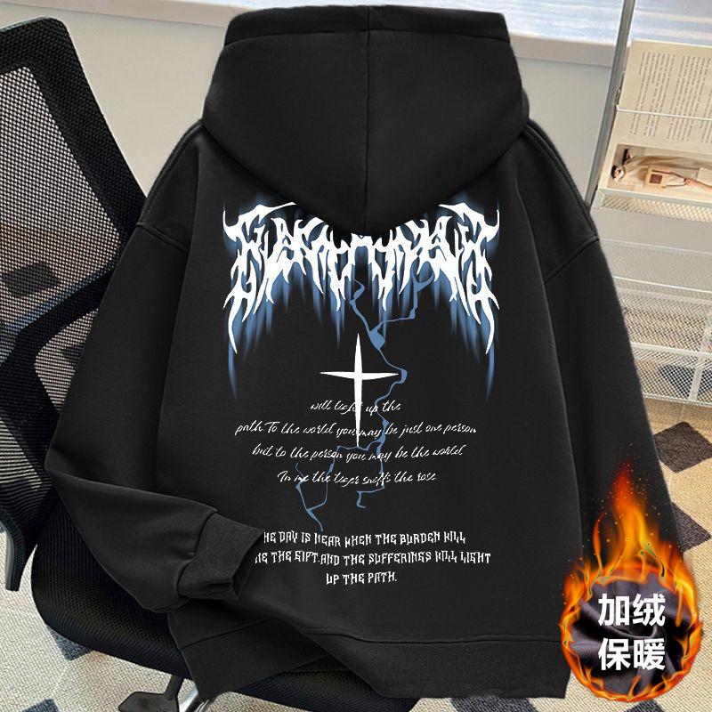 美式高街潮牌闪电十字架印花加绒连帽卫衣男秋冬宽松大码情侣外套