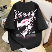 宽松大码 美式 夏季 t恤男女同款 胖子百搭上衣 高街潮牌恐龙印花短袖