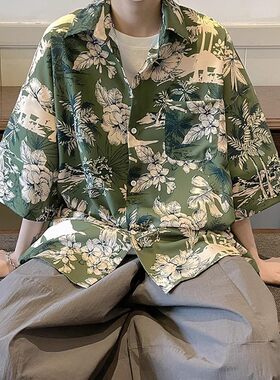 夏威夷风复古绿色花衬衫短袖男