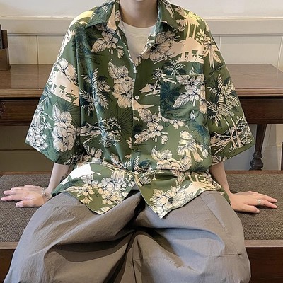 夏威夷风复古绿色花衬衫短袖男宽松大码夏季海边沙滩日系冰丝衬衣