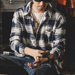 复古纯棉格子衬衫 日系衬衣春秋款 男长袖 潮牌秋季 外套 宽松大码 美式