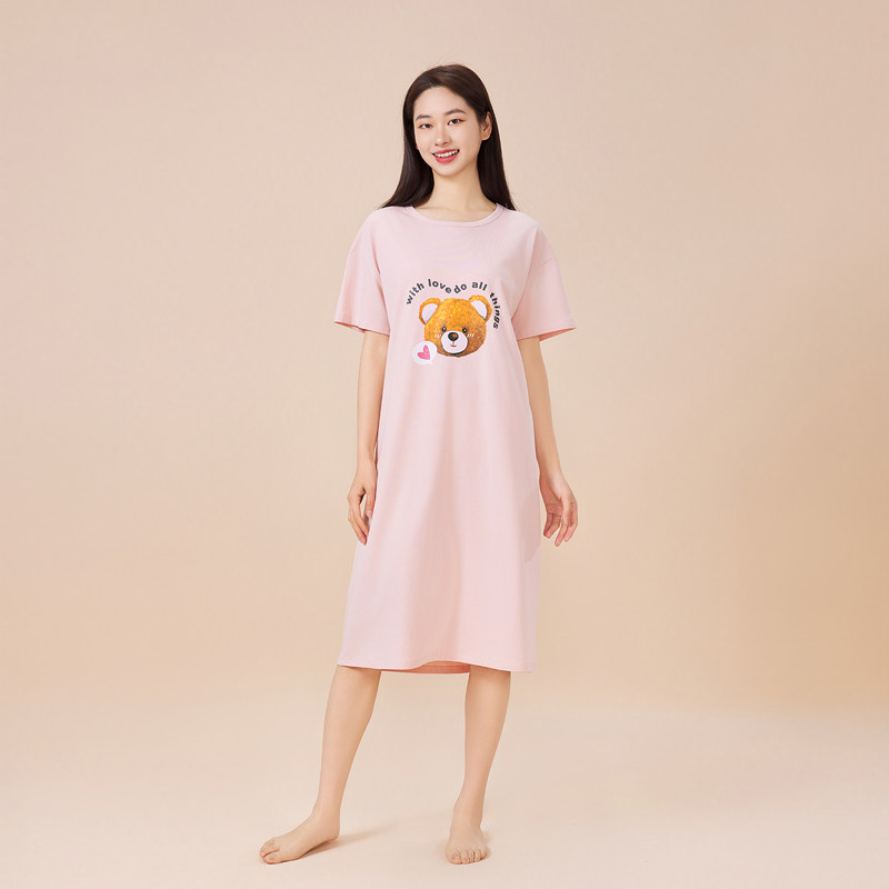 帝日斯诺女睡裙夏季天丝莫代尔宽松圆领短袖家居裙中长款卡通睡衣 - 实物图