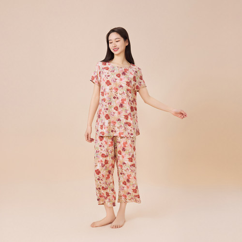 帝日斯诺睡衣女夏季甜美印花薄款凉感单件短袖七分裤可外穿家居服