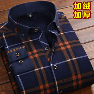中年爸爸休闲格子衬衣男装 柏莉鸟冬季 男长袖 加绒加厚保暖衬衫 男士