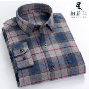 全棉中年爸爸装 长袖 上衣磨毛外套衬衣 纯棉格子衬衫 柏莉鸟春秋男士