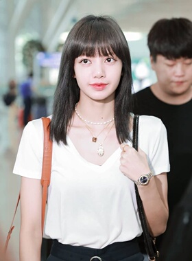 韩国lisa同款白色性感V领短袖宽松T恤高品质80支丝光棉上衣夏季女