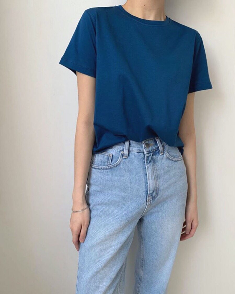 夏季气质显白藏蓝色短袖圆领纯棉t恤宽松显瘦上衣80支丝光棉女装