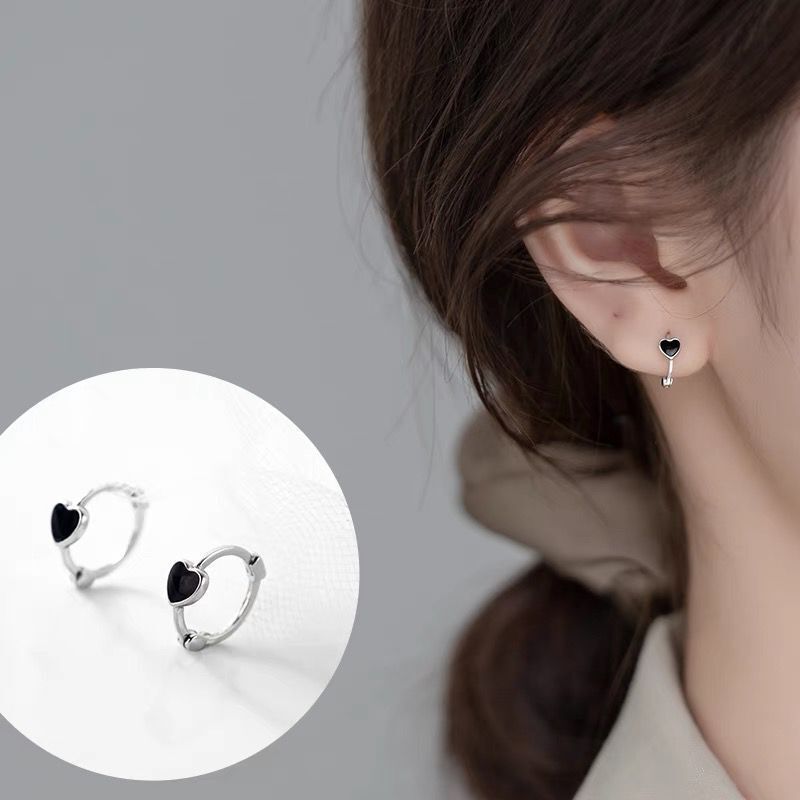 925银黑色爱心耳扣耳环女夏季养耳洞耳钉小巧精致圆形耳圈